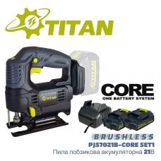 фото Пила лобзиковая TITAN PJS7021-CORE SET1 21В, 80мм, бесщеточная (2 батареи 2Ач и з/у), TITAN PJS7021-CORE SET1, Пила лобзиковая TITAN PJS7021-CORE SET1 21В, 80мм, бесщеточная (2 батареи 2Ач и з/у) фото товару, як виглядає Пила лобзиковая TITAN PJS7021