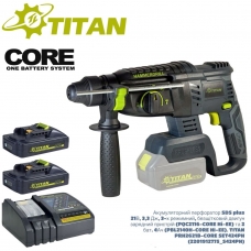 фото Перфоратор TITAN PRH2621B-CORE SET424PH SDS plus, 21В, 3,3 Дж, 3-х режима, 2 батареи 4Ач (PBL2140H-CORE Hi-EE) и з/у (PQC2116-CORE Hi-EE) (2201912775_S424PH), TITAN PRH2621B-CORE SET424PH, Перфоратор TITAN PRH2621B-CORE SET424PH SDS plus, 21В, 3,3 Дж